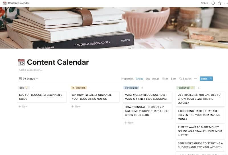 content calendar on notion app