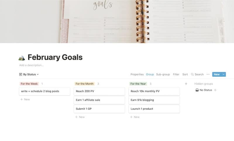 goal setting in notion app for blogging